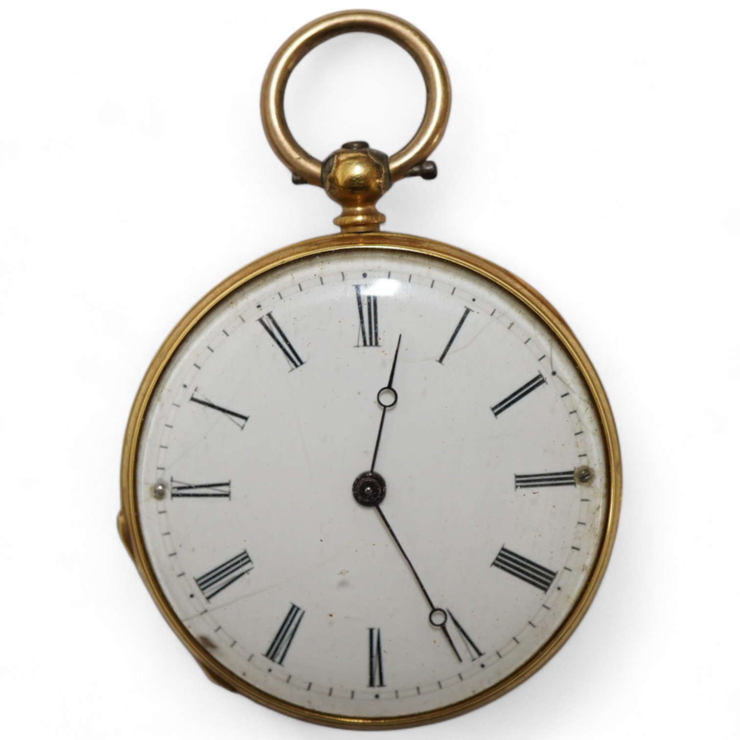 A lady's early 20th century continental 18k and enamel open faced keywind fob watch, with Roman dial, case diameter 30mm, gross weight 26 grams.